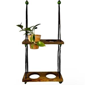 2 Tier Wood Hanging Plant Shelf Window Floating Planter Green Beads Boho